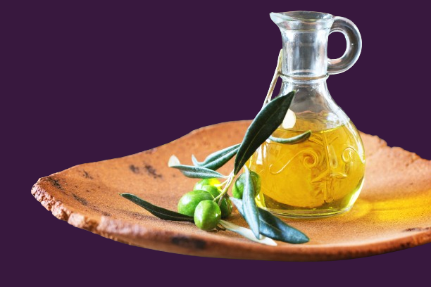 olive oil on a tray with olive plant and purple background